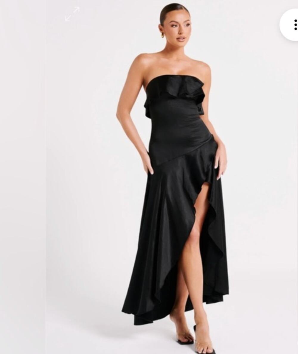 Meshki Womens S Black Sulianna Strapless Hig Low Ruffle Midi Dress Formal NWT